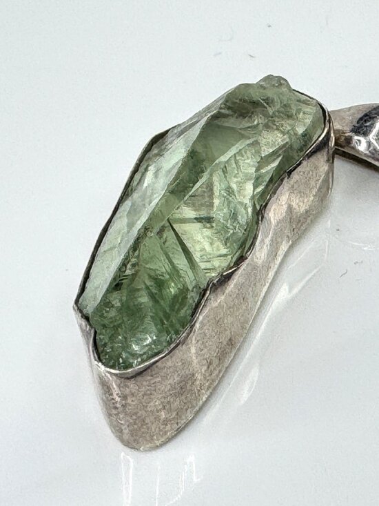 Vintage Signed Sterling Silver Raw Organic Green Quartz Crystal Pendant JR1721